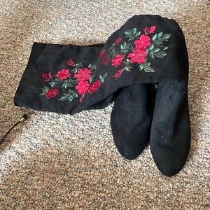 Libby Edelman Black Over the Knee Boots with Red Floral Embroidery